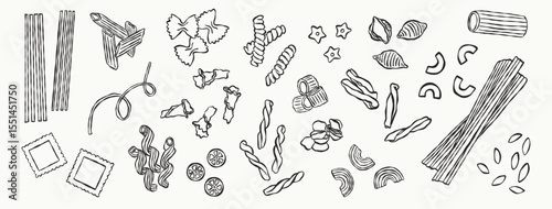 Collection of various pasta shapes in black and white hand-drawn line art style. Vector illustration.