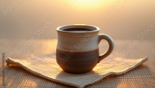 Rustic Ceramic Mug with Coffee on Fabric Mat in Warm Sunset Light