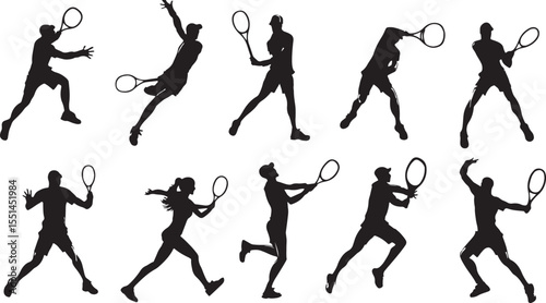 Tennis Players Silhouettes in Action Poses on White Background