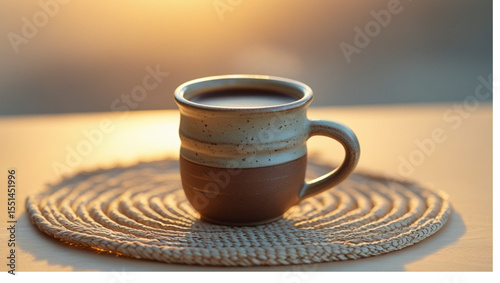 Rustic Ceramic Coffee Mug on Woven Mat with Warm Sunset Light