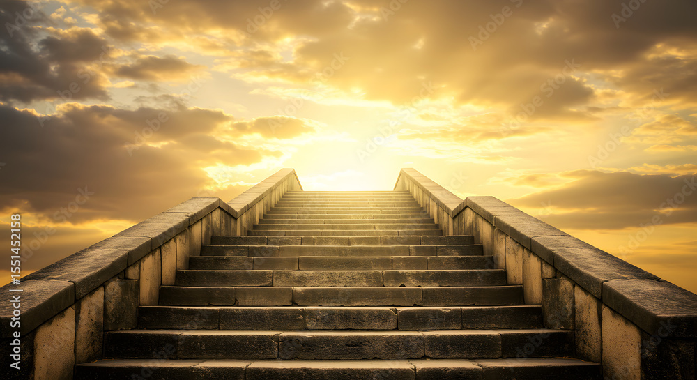Fototapeta premium Golden Sky With Old Stone Steps in Perspective