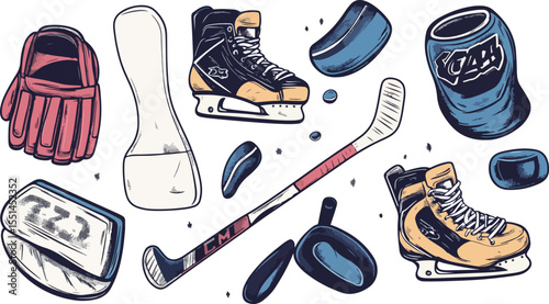 Illustrated Hockey Equipment Set with Stick Skates Puck and Protective Gear