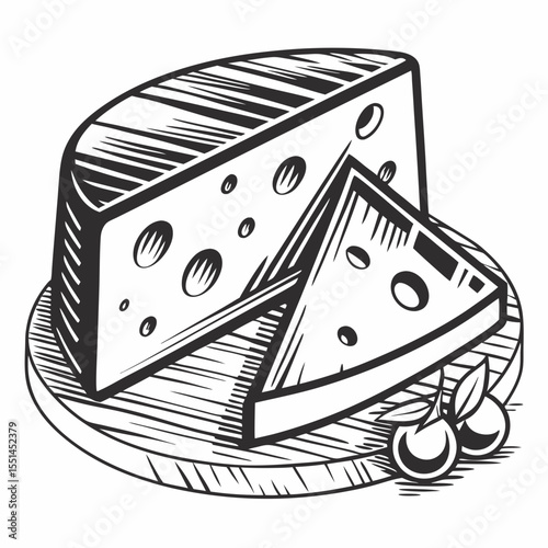 Black and White Cheese Wheel with Wedge and Olives Illustration