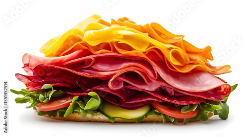 Layered mega sandwich with ham bacon salami cheese and fresh vegetables isolated on white background healthy food design lunch sandwich concept