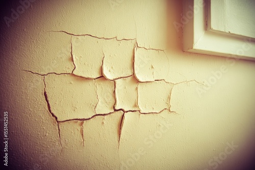 Cracked, light beige wall with a section of peeling paint
