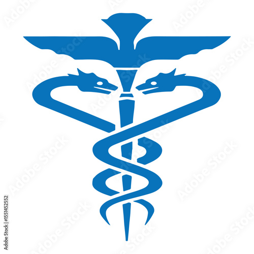 Caduceus medical symbol. Blue vector icon of the staff of Hermes isolated on a white background.