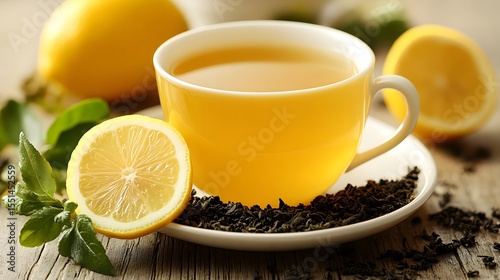 Warm, inviting cup of tea accompanied by a vibrant lemon slice and fresh leaves in a cozy ambiance.