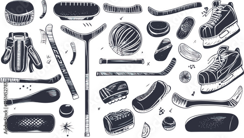 Hand Drawn Monochrome Hockey Equipment Illustration on White Background