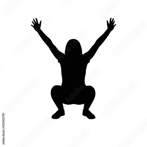 Silhouette of Person in Squat Position with Arms Raised