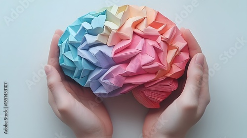 Cupped hands cradling a stylized paper brain in pastel colors