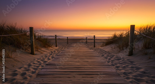 Wooden boardwalk or walkway to sea on beach. Summer evening outdoor pier. Path, way to water