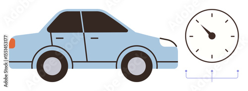 Blue sedan alongside analog clock with arrow pointing to time, reflecting punctuality, speed, and travel concepts. Ideal for transport, logistics, time management, planning, scheduling efficiency