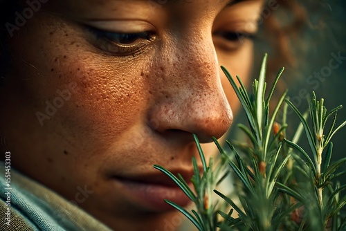 Close up of a woman smelling a sprig of rosemary focusing on the tactile connection with nature.