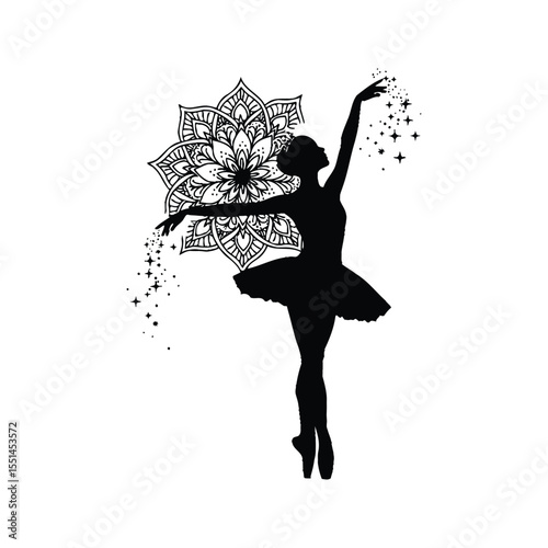 Silhouette of Ballerina with Mandala and Stars  Elegant Dance Art