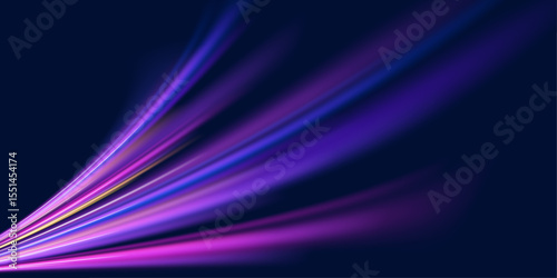 Panoramic high-speed technology concept with abstract light trails and glowing neon colors in blue, yellow, and orange, representing the rapid motion and energy in a futuristic environment.