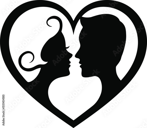A beautifully designed black silhouette of a couple’s faces within a heart, capturing the essence of love and intimacy. This image is perfect for wedding invitations, Valentine's Day cards, or any rom