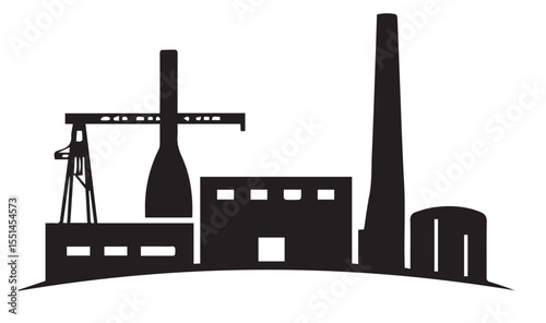 A black silhouette of an industrial complex with multiple buildings, smokestacks, and a gantry crane.