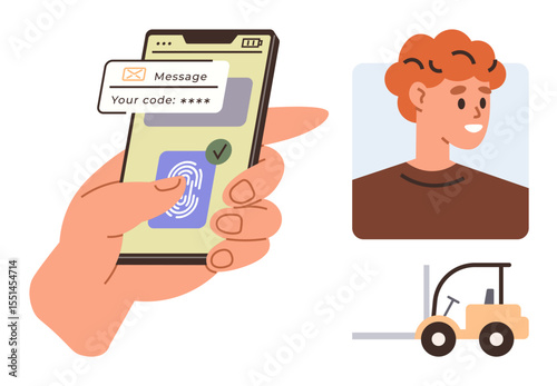 Hand scanning fingerprint on smartphone for secure access. Includes user profile and forklift, suggesting identity verification, mobile security, and workplace safety. Ideal for security, technology