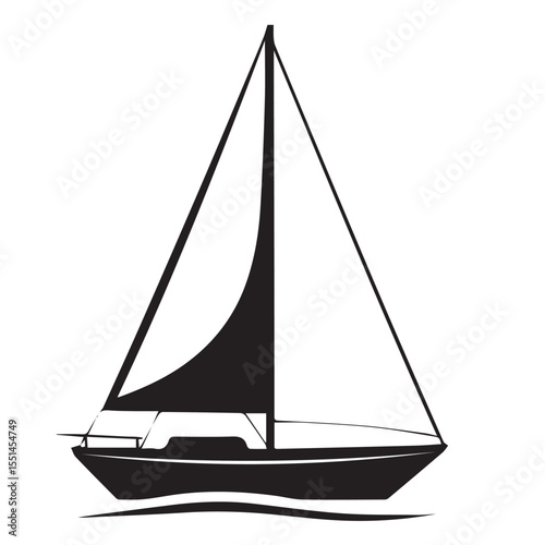 A black silhouette of a sailboat with a single mast and full sails, floating on subtle waves, conveying concepts of marine leisure, adventure, or freedom.