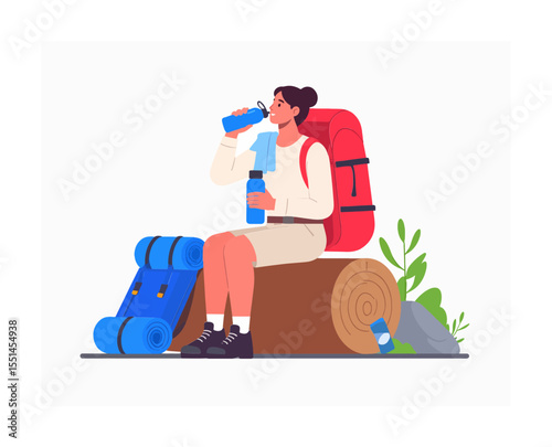 Hiker sits on log taking a break
