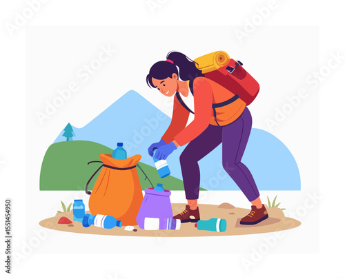 Woman with backpack wearing gloves picks up water bottles placing them into bags in a scenic outdoor setting