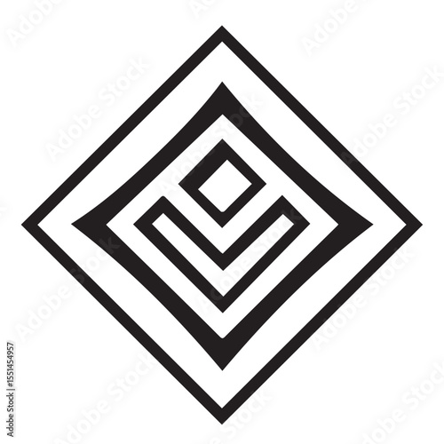A black and white abstract geometric design featuring concentric diamond shapes and an inverted "V" pattern, creating a stylized and modern emblem.
