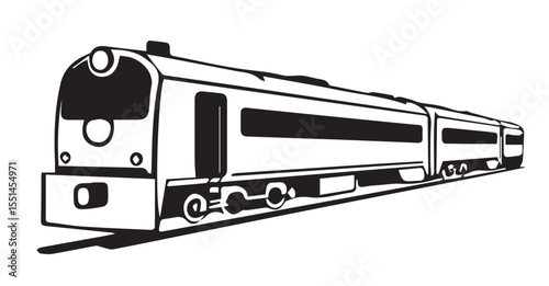 A black and white illustration of a modern passenger train speeding along a track, seen from a low angle.