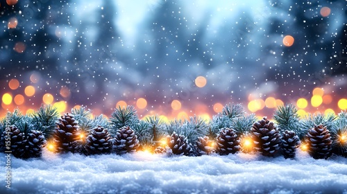 A festive winter scene featuring pinecones, sprigs of evergreen, snow, and warm glowing lights set against a blurred background and flurries of falling snow, perfect for seasonal and holiday themes.