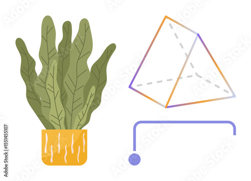 Abstract plant in orange pot, geometric pyramid in gradient lines, and a minimal line curve. Ideal for art, decoration, geometry, minimalism, creativity abstraction modern decor. Simple flat