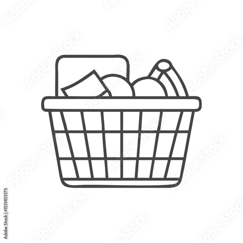 A simple outline of a shopping basket filled with various groceries and household items.