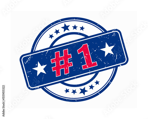 A blue stamplike emblem with a red 1 inside a rectangle surrounded by stars and circular borders