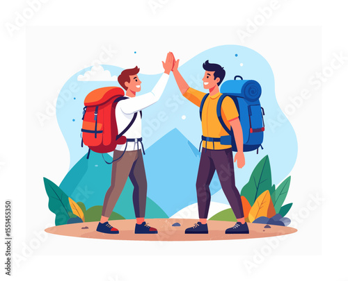 Two hikers with backpacks highfive in a mountain setting surrounded by stylized foliage