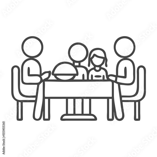 A simple line art illustration of a family enjoying a meal together at a table.