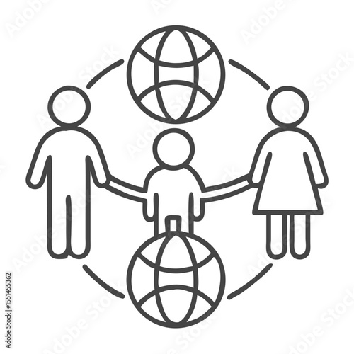 Line drawing of a family holding hands connected by two globe symbols, representing unity and global connection.