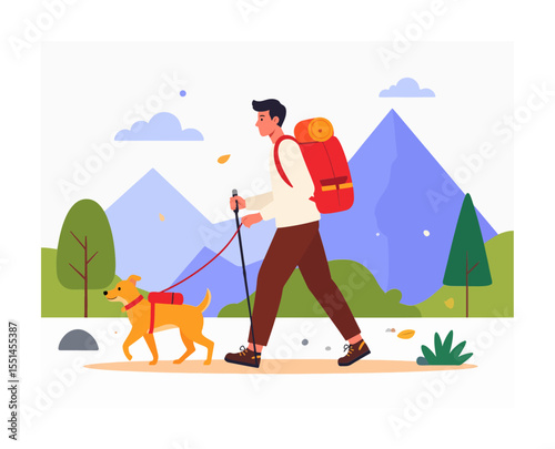 A hiker with a dog on a trail wearing a backpack and using a walking stick in a mountain landscape