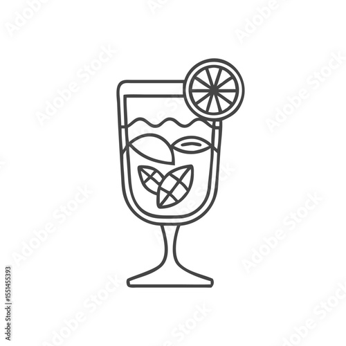A refreshing cocktail in a tall glass, adorned with a slice of lemon and fresh mint leaves.
