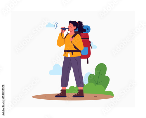 A woman with a backpack is blowing a whistle while standing on a path with green bushes and blue clouds behind her