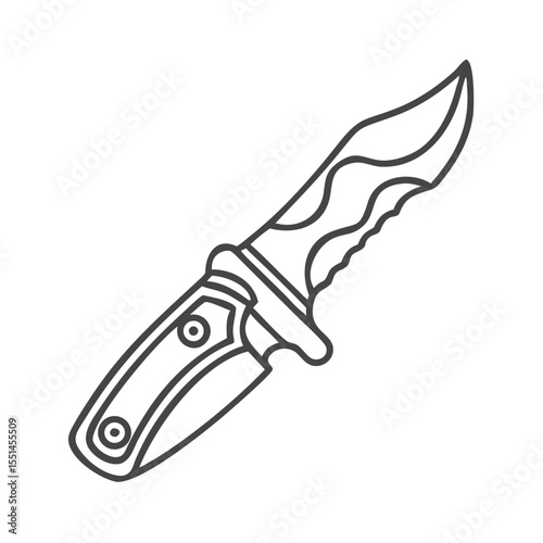 A detailed line drawing of a knife with a serrated edge and decorative handle.