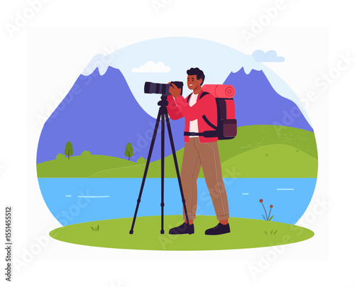 A photographer with a backpack stands with a camera on a tripod set against a backdrop of mountains a lake and green hills