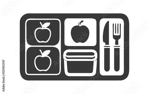 A stylized illustration of a food tray featuring multiple apple compartments, a dip container, knife, and fork.