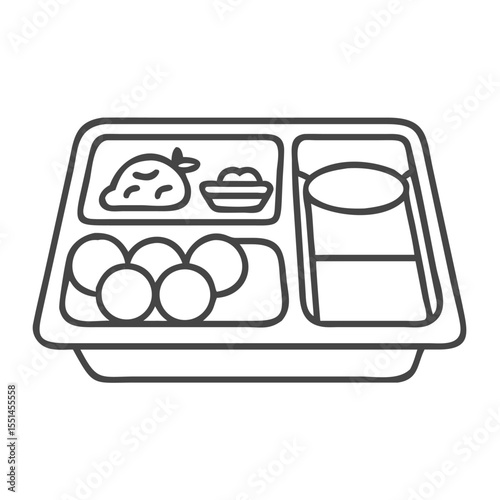A simple illustration of a food tray featuring rice, meatballs, and a drink, perfect for a school lunch setting.