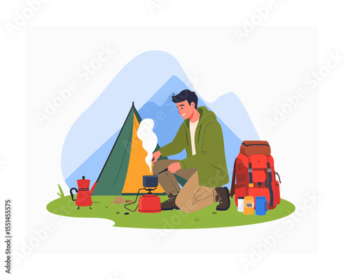 A camper prepares food outdoors next to his tent backpack and coffee maker