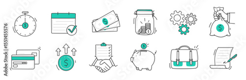 Money finance business doodle hand drawn icon set.
