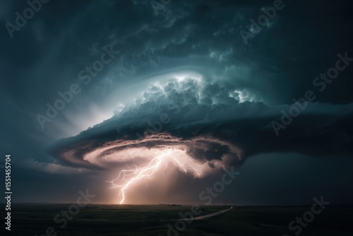 Dramatic rotating supercell thunderstorm structure with vivid lightning strikes cutting through dark clouds photographed during peak storm development in open countryside