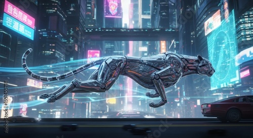 Cybernetic Panther in Neon Cityscape