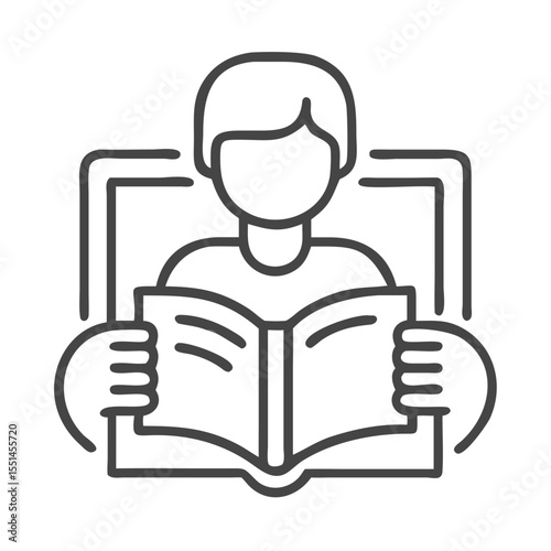A young person engaged in reading a book, depicted in a simple line art style.