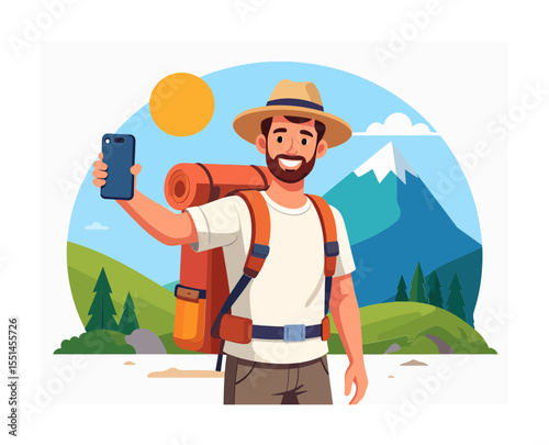 Hiker taking selfie with backpack hat and mountain view backdrop