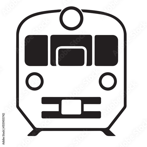 A black and white front-facing illustration of a train or subway car, depicting its headlights and windows.