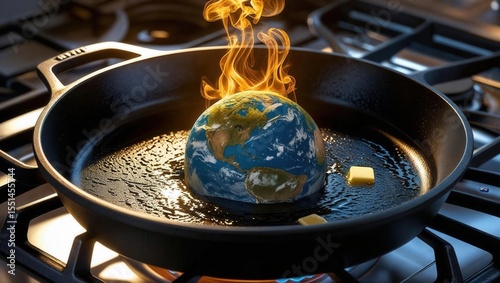 Miniature Earth Burning in Cast Iron Skillet on Gas Stove Melting Butter Climate Change Concept