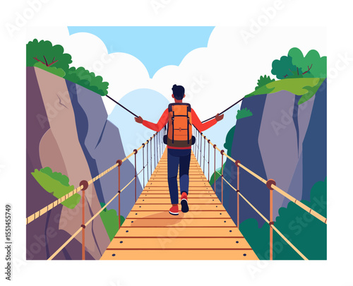 A backpacker crosses a wood bridge suspended between cliffs under a cloudy sky